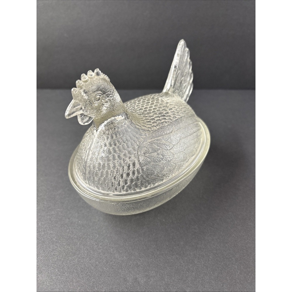 VTG Indiana Glass Clear Hen On Nest Chicken Candy Trinket Covered Dish Farmhouse - Picture 3 of 16